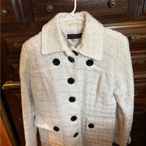 New York & Company Cream Double-Breasted Textured Pea Coat
